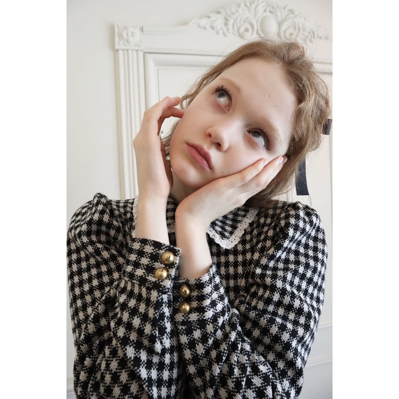 lace collar é button check knit cardigan | épine lace collar é button check knit cardigan | épine