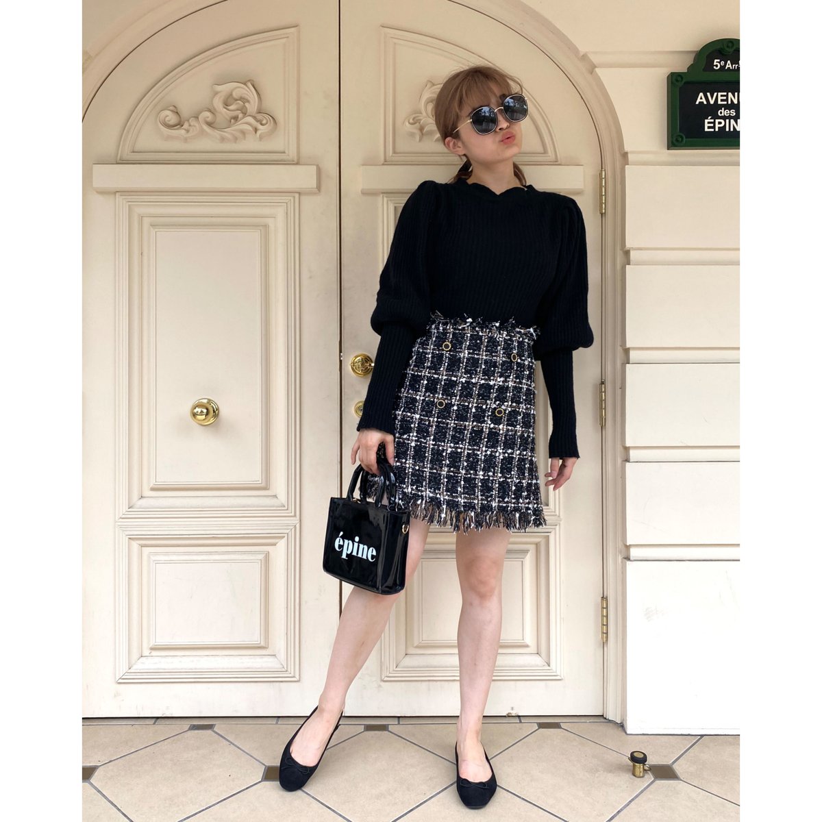 tweed double button mini skirt black