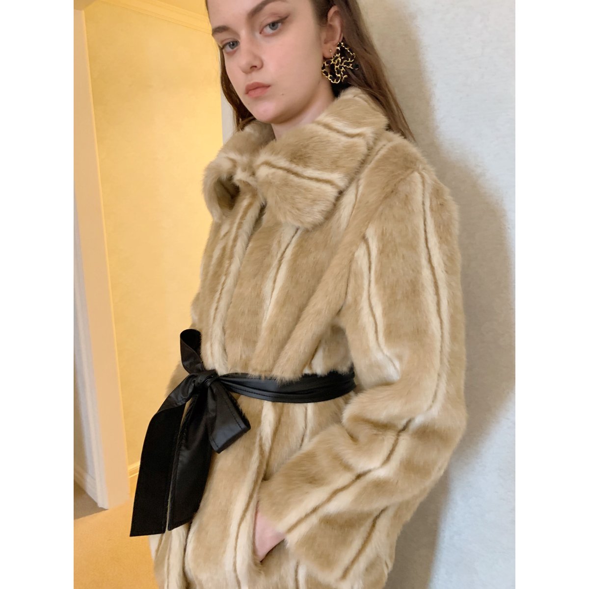 parisienne ribbon 2way fur coat beige