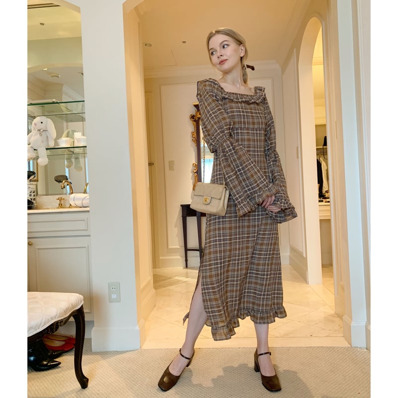 bell sleeve check sheer slit onepiece