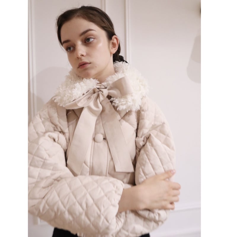 fur ribbon quilting short down coat ivory | épine