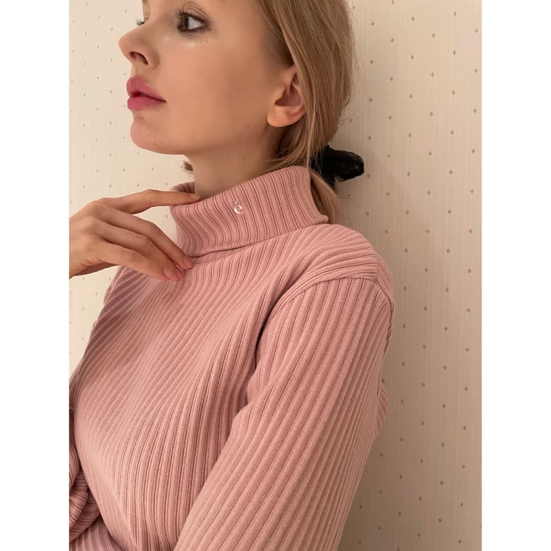 é embroidery rib knit high neck pink | épine