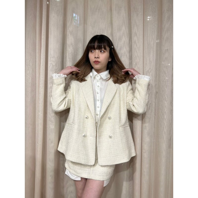 back ribbon Pearl pleats frill jacket tweed iv...