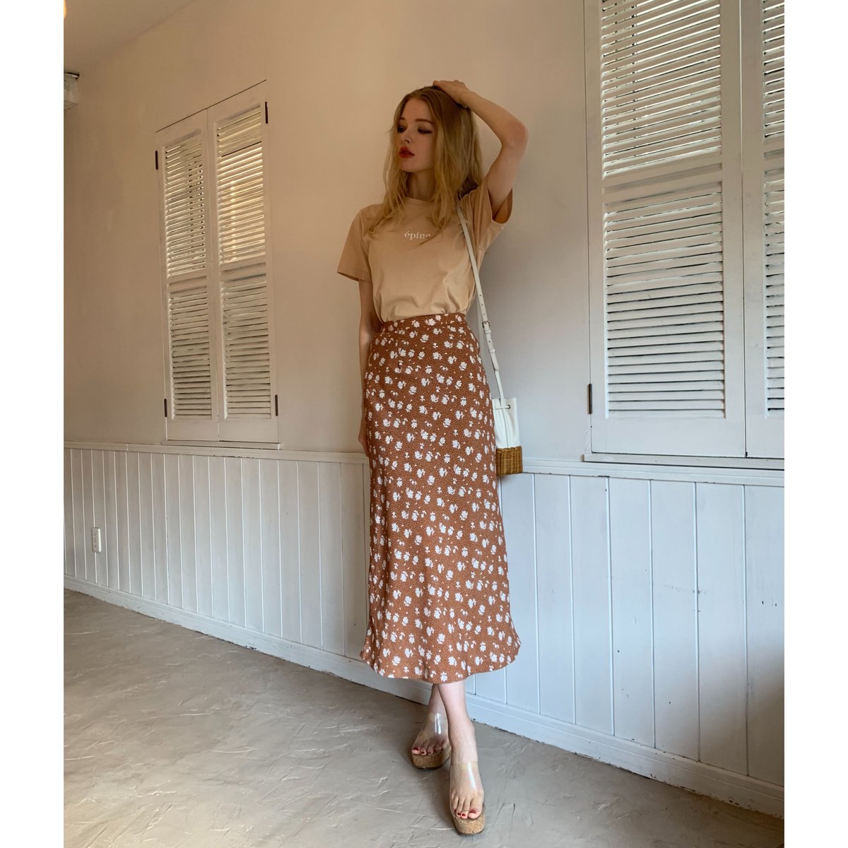 dot flower straight long skirt brown | épine 