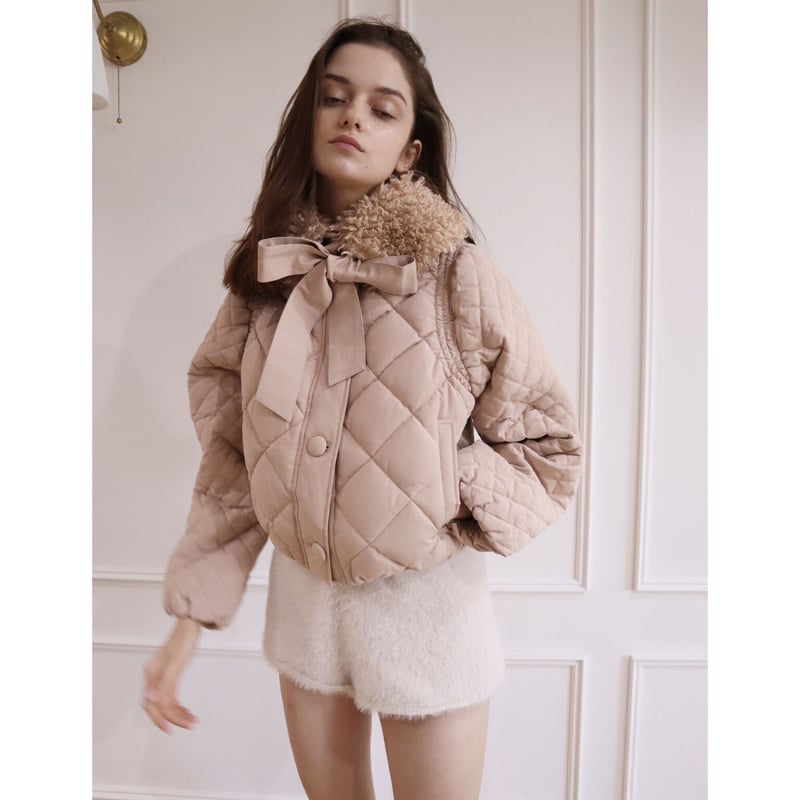 fur ribbon quilting short down coat pink beige fur ribbon quilting short down coat pink beige