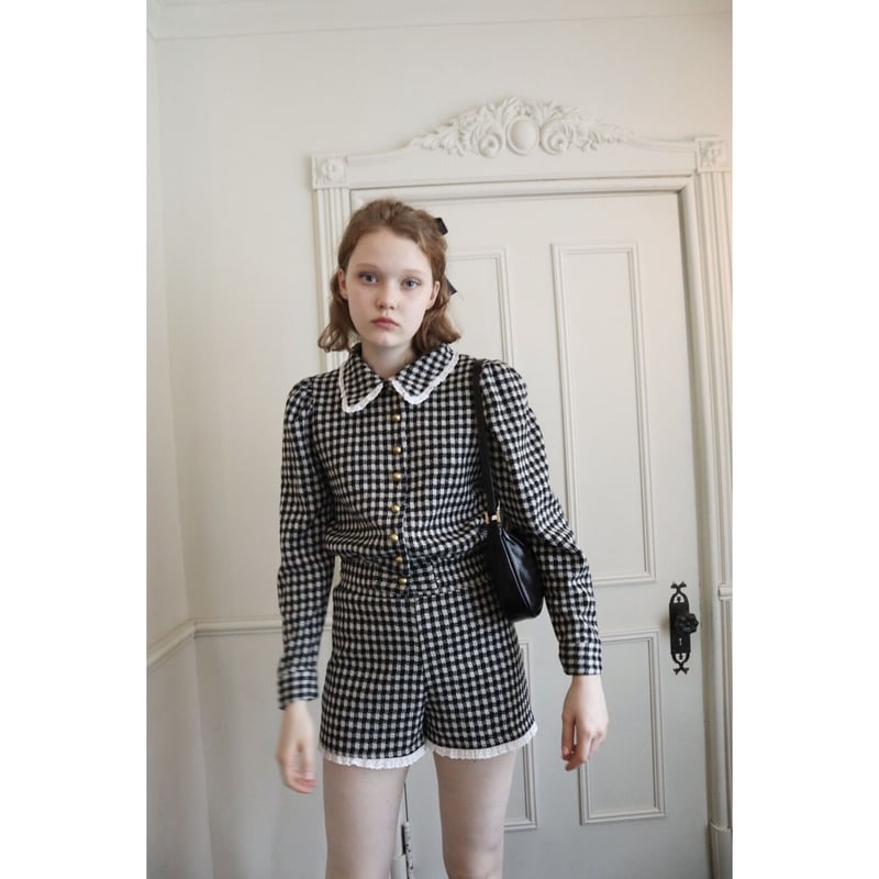 lace collar é button check knit cardigan | épine