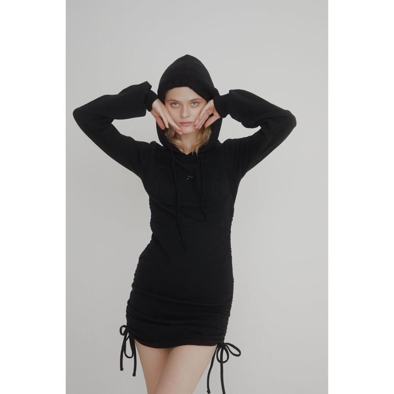 rhinestone ribbon gather hoodie onepiece（2color...