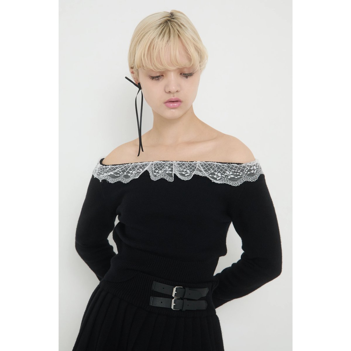épine lace knit & pleats skirt set up（2color） |