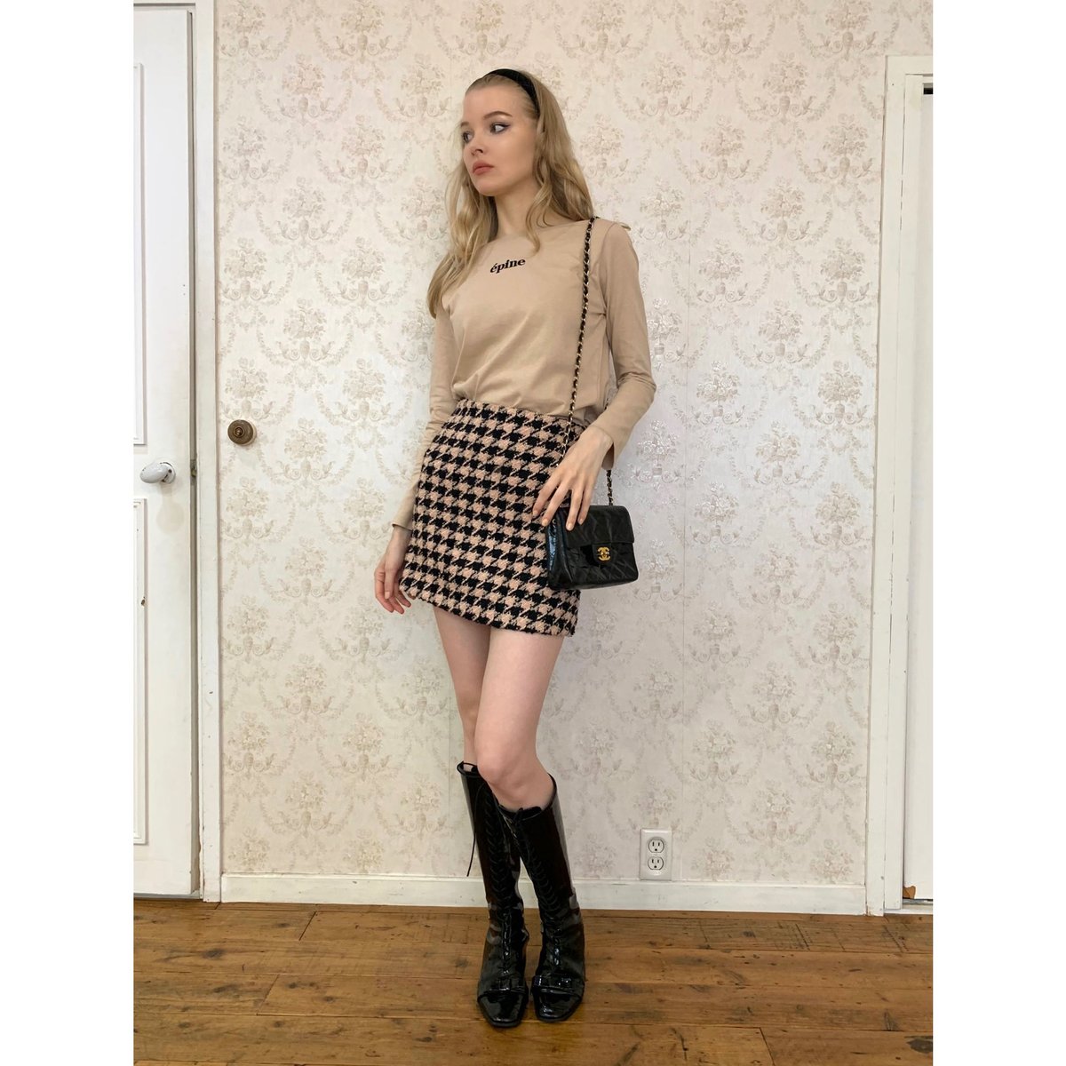 即日発新品tweed beige×black check mini skirt