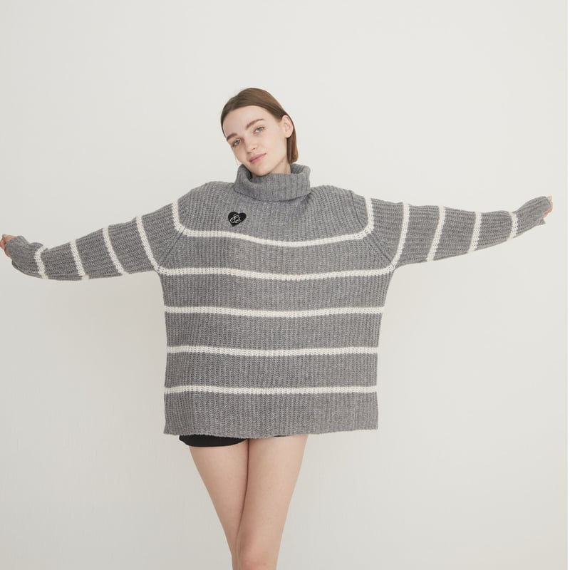 ♡Éé high neck big border knit gray | épine