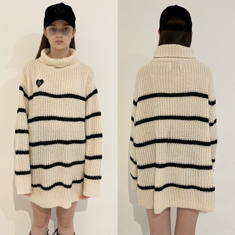 ♡Éé high neck big border knit ivory | épine