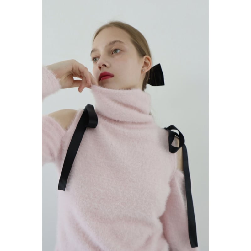 mohair ribbon shoulder off knit pink | épine