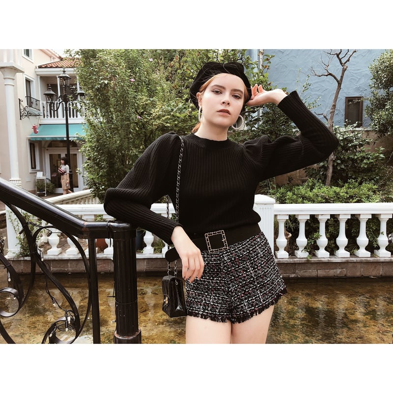 tweed fringe short pants black | épine