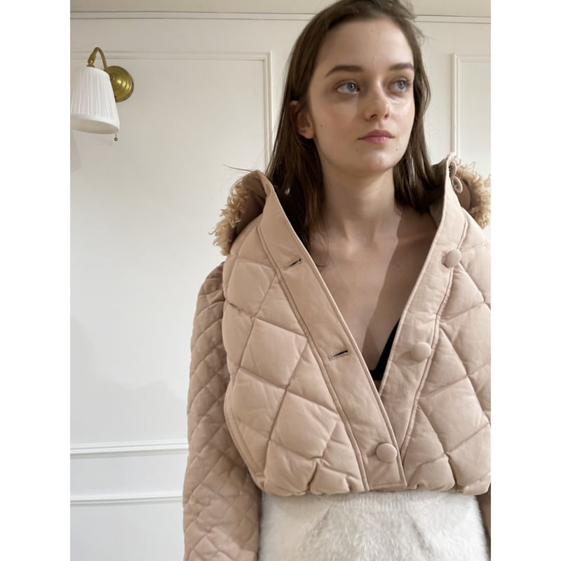 fur ribbon quilting short down coat pink beige fur ribbon quilting short down coat pink beige
