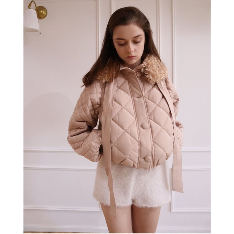 fur ribbon quilting short down coat pink beige ...