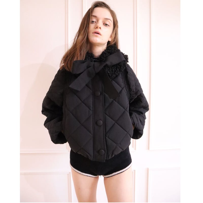 fur ribbon quilting short down coat black | épine