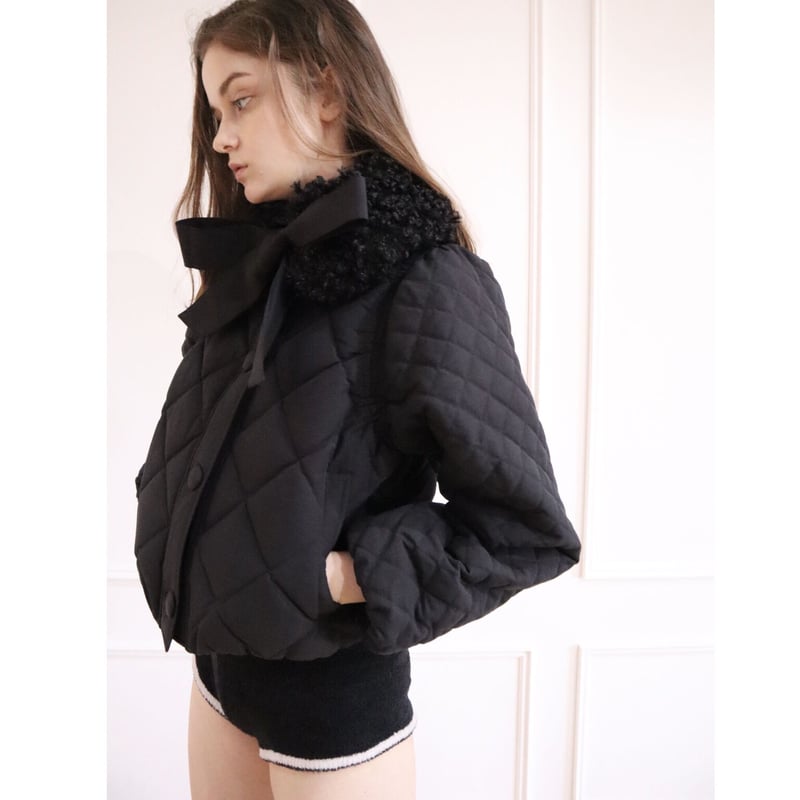 fur ribbon quilting short down coat black | épine