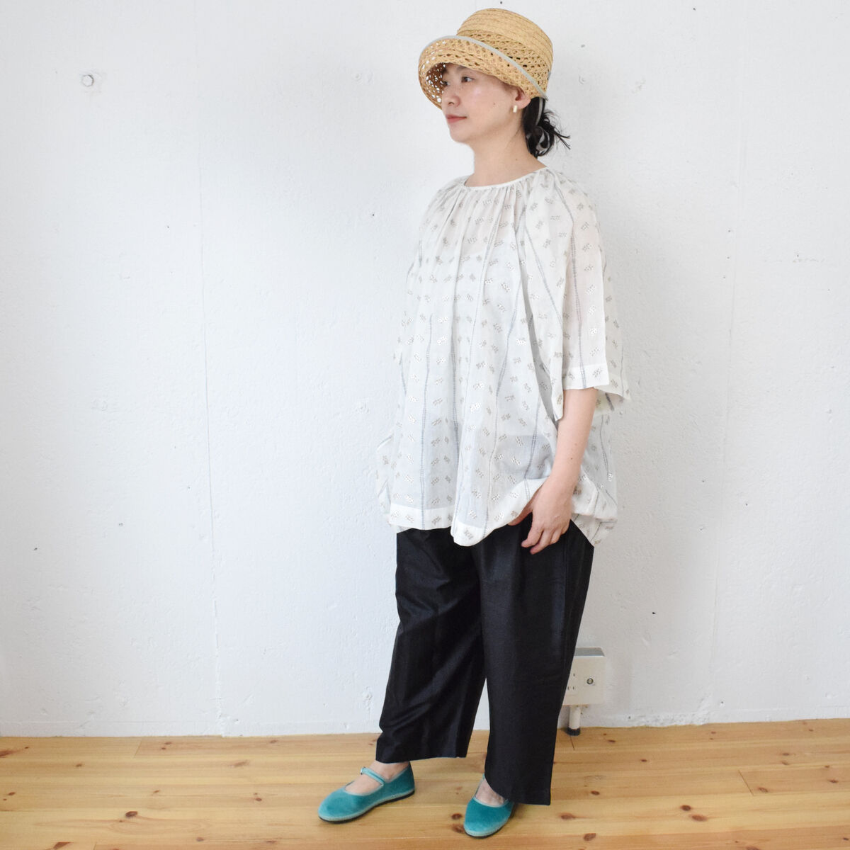 BUNON(ブノン) Embroidery Wide Blouse コットンシルク 刺繍 ワ...