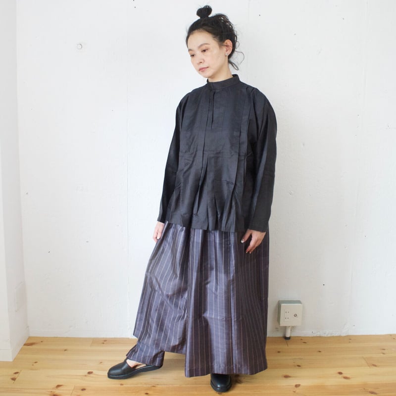 BUNON(ブノン) slit pants & wrap skirt カディシルクストライプ