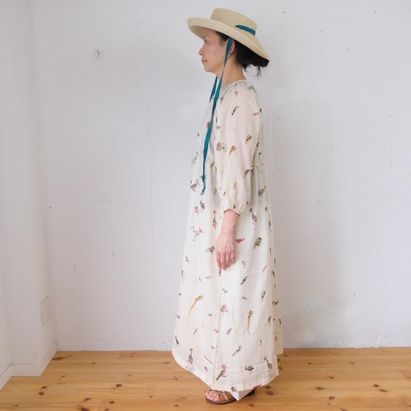 BUNON(ブノン) Birds Back Button Dress 鳥柄プリント シルクコッ BUNON(ブノン) Birds Back Button Dress 鳥柄プリント シルクコッ
