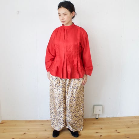 BUNON(ブノン) embroidery tuck pants シルク 花柄プリント+刺繍 ワイドパンツ