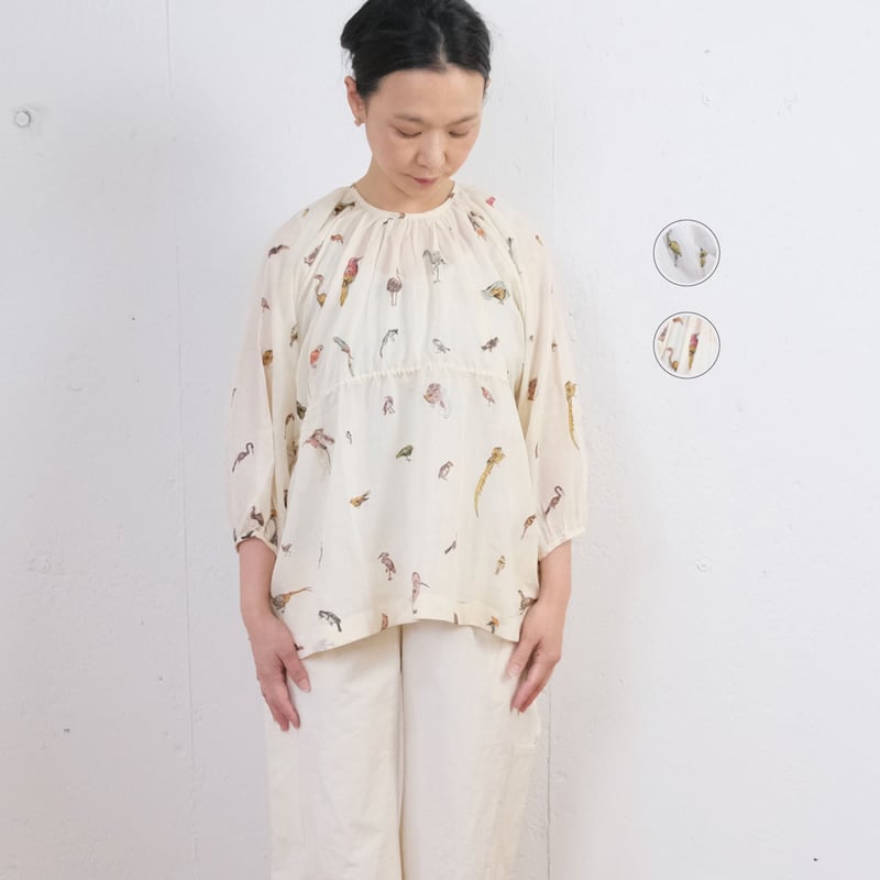 BUNON(ブノン) Birds Back Button Blouse 鳥柄プリント シルクコ
