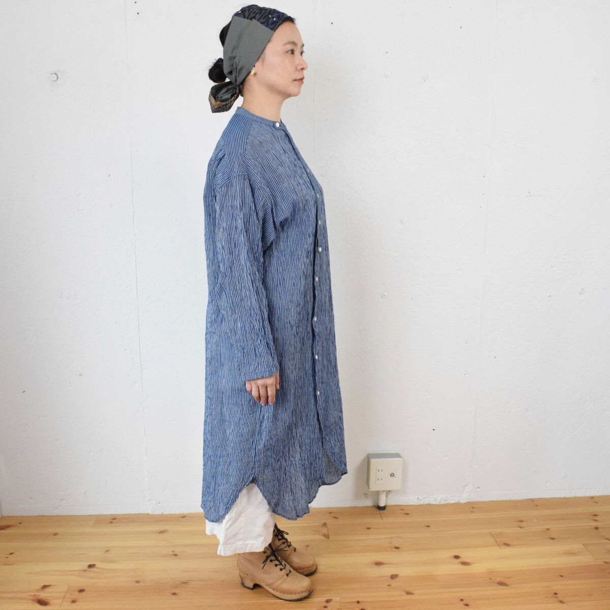 Vlas Blomme(ヴラスブラム) Cotton Linen Stripe 前開きワンピー...