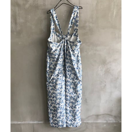 BUNON(ブノン) シルク 花柄プリント+刺繍 サロペット Embroidery Overalls / white×blue