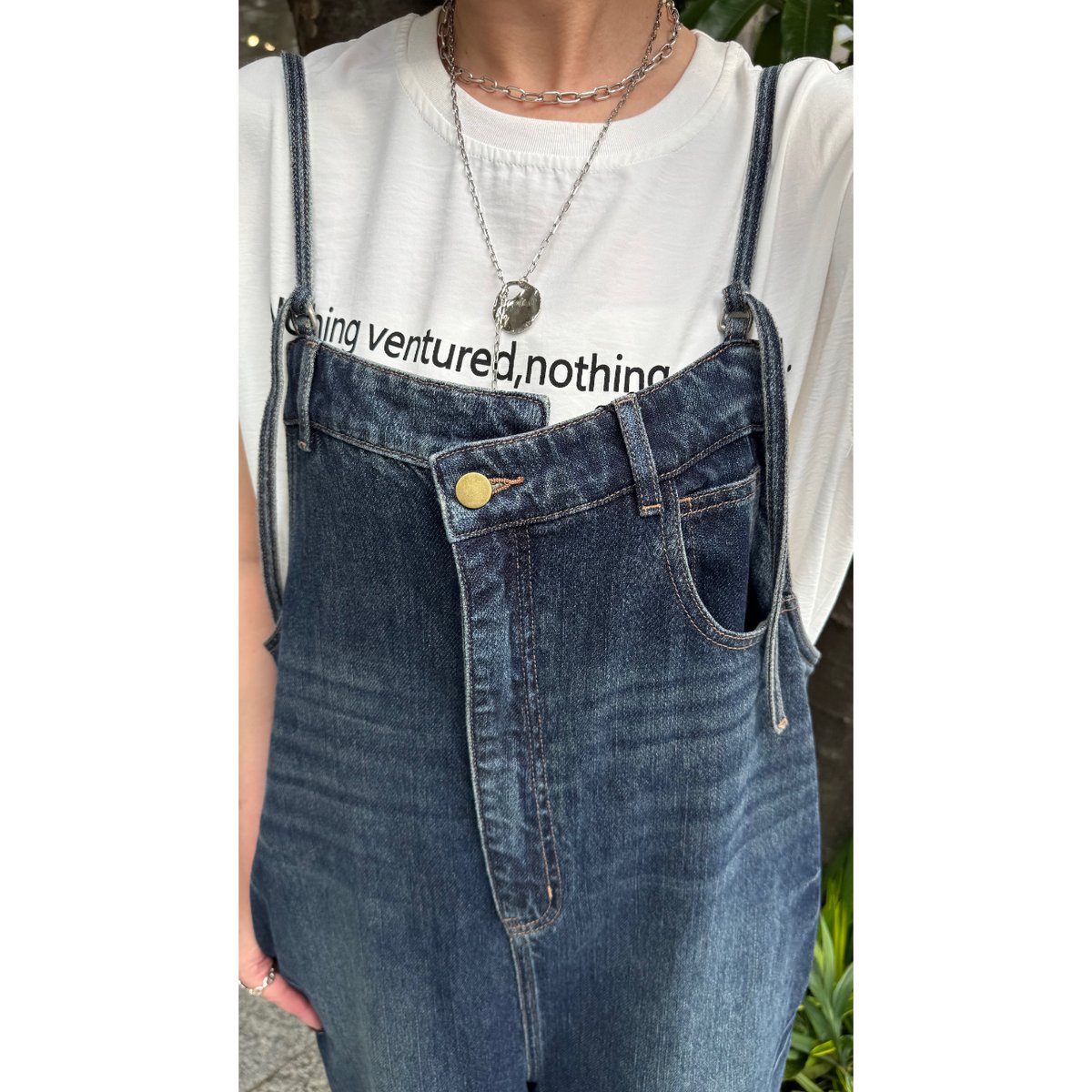 kusukusu select】フロントアシンメトリーデニムオーバーオール