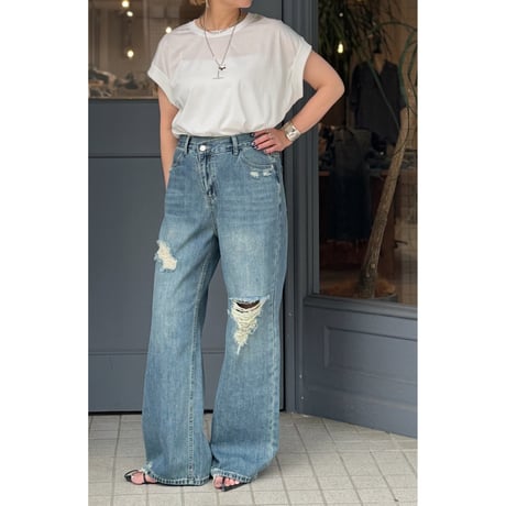 【kusukusu select】ウエストラップダメージ入りワイドデニムパンツ　ブルー