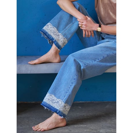【YENN】LACE HEM TUCK DENIM　※納期：8月中旬〜9月中旬