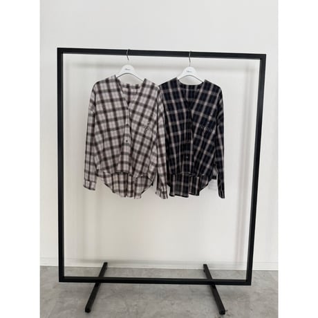 【Boutique Ordinary】Checked Collarless Wide Shirt
