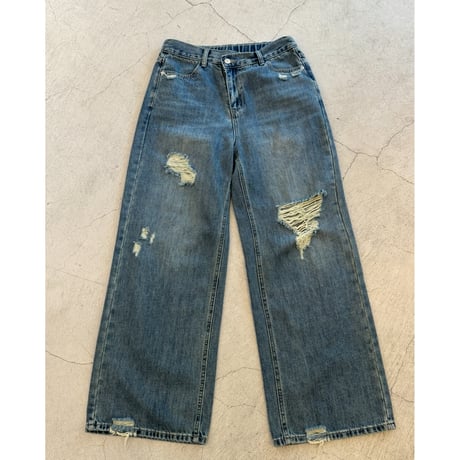 【kusukusu select】ウエストラップダメージ入りワイドデニムパンツ　ブルー