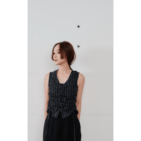【Hella】gather stripe top　※納期3月中旬〜4月中旬