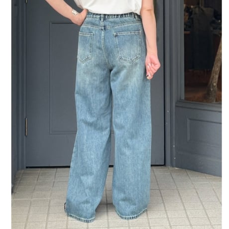 【kusukusu select】ウエストラップダメージ入りワイドデニムパンツ　ブルー