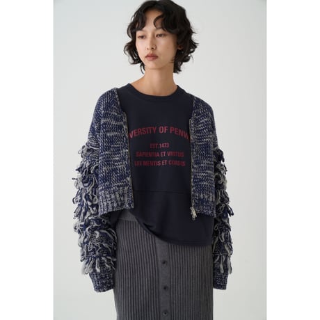 【Boutique Ordinary】Fringe Sleeve Mixed Knit Cardigan