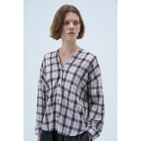 【Boutique Ordinary】Checked Collarless Wide Shirt