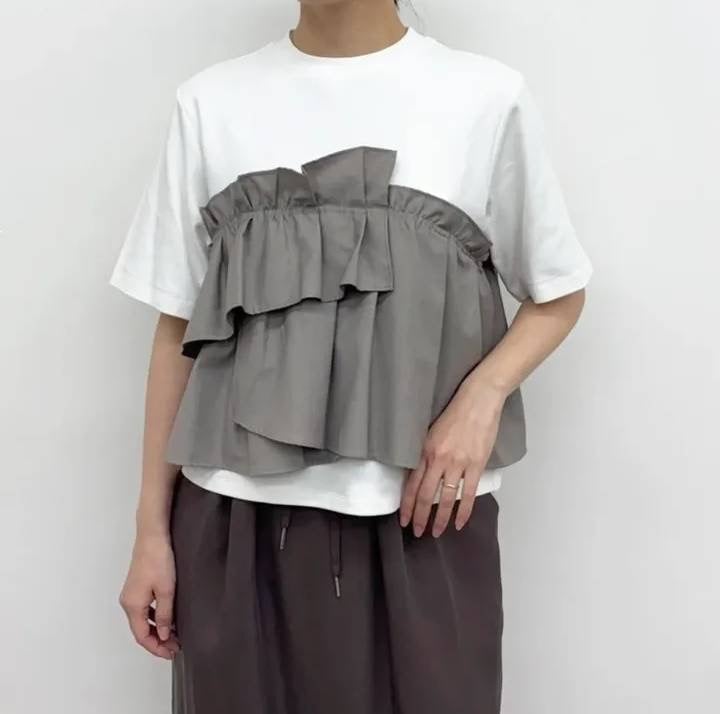 AD2017 archive 異素材フリルドッキング丸襟ブラウス ラウンドカラー AD2017 archive 異素材フリルドッキング丸襟ブラウス ラウンド