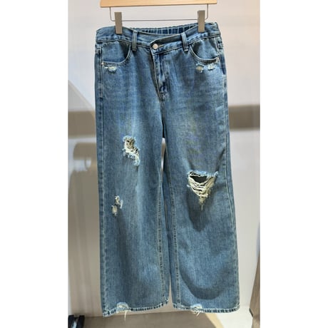 【kusukusu select】ウエストラップダメージ入りワイドデニムパンツ　ブルー