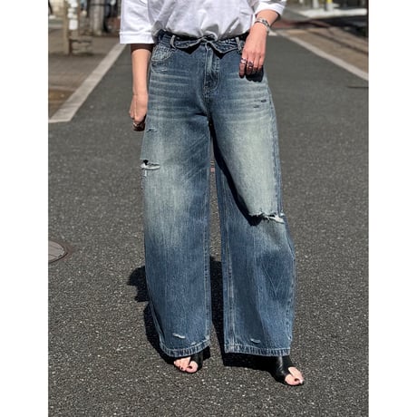 【kusukusu select】ウエストロールワイドダメージデニム　77646