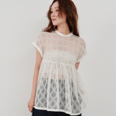 【Hella】embroidery check sheer top　※納期4月中旬〜5月中旬