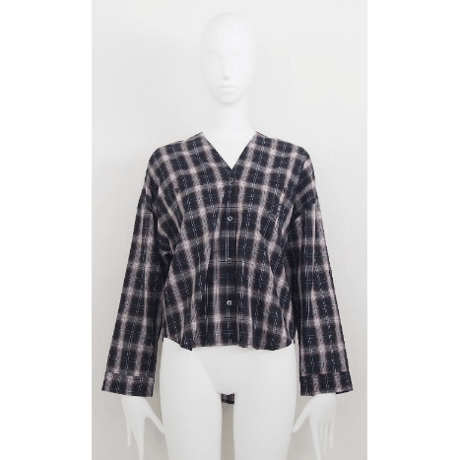 【Boutique Ordinary】Checked Collarless Wide Shirt
