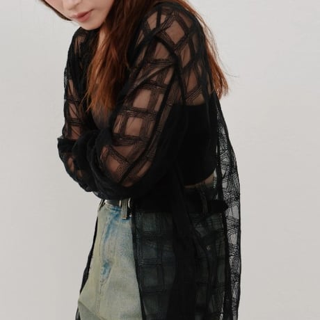 【Hella】embroidery check sheer jacket　※納期4月中旬〜5月中旬