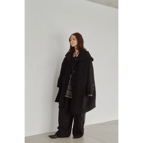 【Hella】Hooded Stole Rever Coat　※納期9月末〜10月末