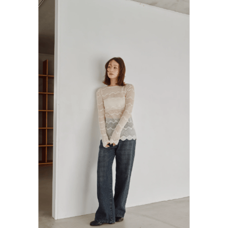 【Hella】Flocked Lace Sheer Top　※納期9月上旬～10月上旬