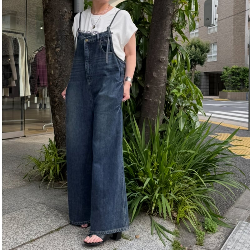 kusukusu select】フロントアシンメトリーデニムオーバーオール