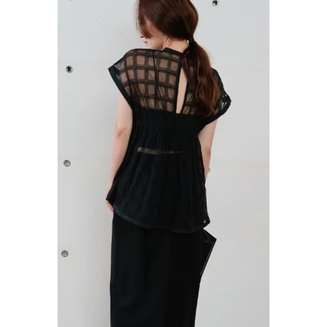 【Hella】embroidery check sheer top　※納期4月中旬〜5月中旬