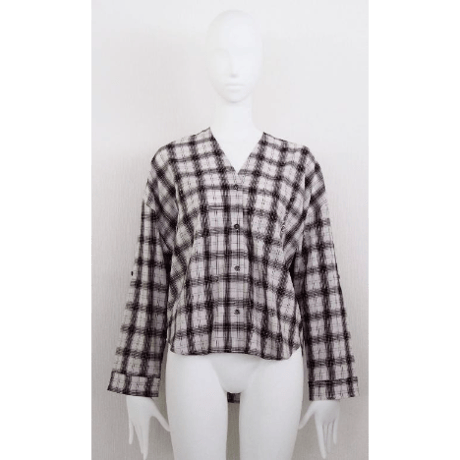 【Boutique Ordinary】Checked Collarless Wide Shirt