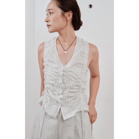【Hella】gather stripe top　※納期3月中旬〜4月中旬