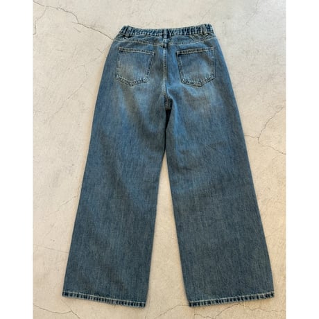 【kusukusu select】ウエストラップダメージ入りワイドデニムパンツ　ブルー
